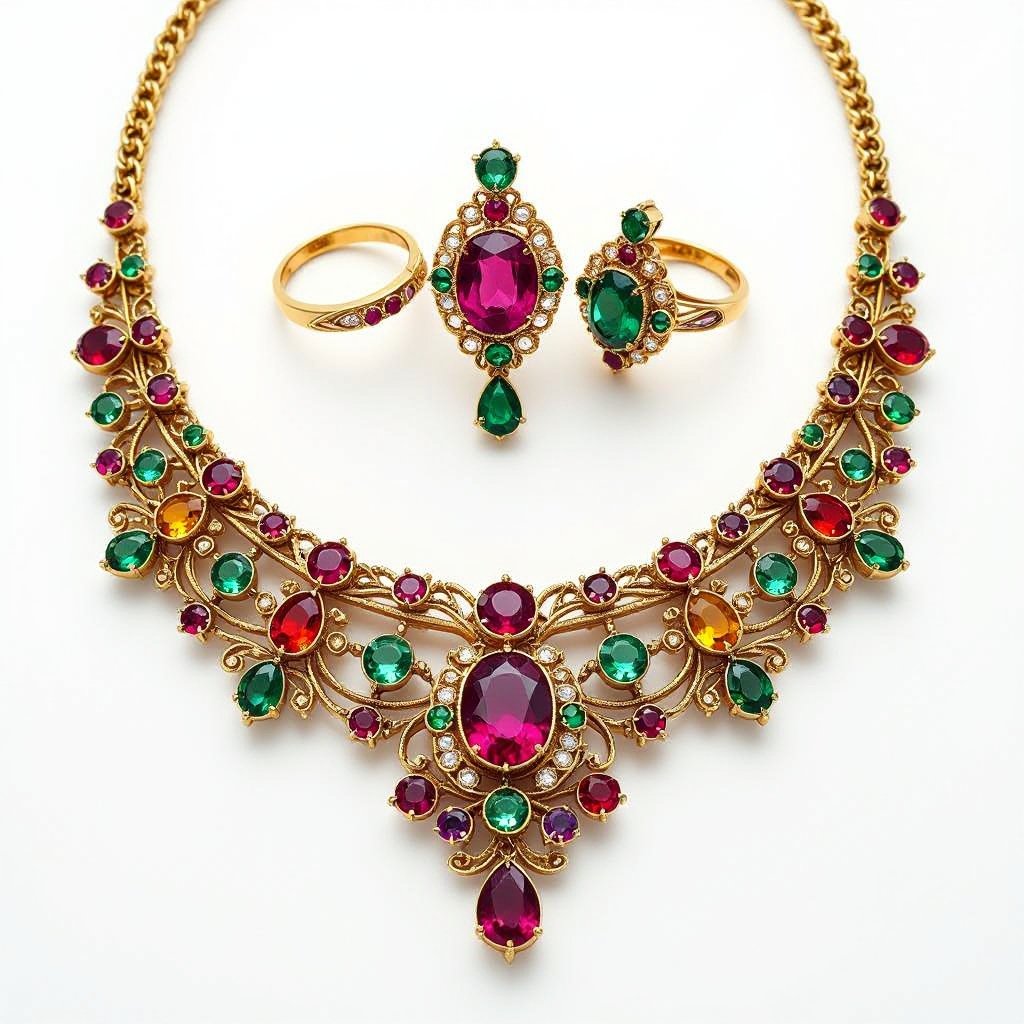 Necklace and ring and earring with luxury colorful jewel with gold