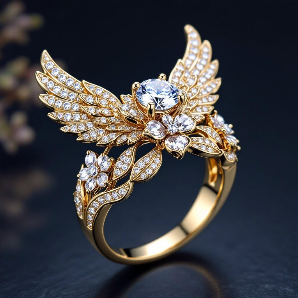 fairytale gold and diamond ring with humble angel wings diamond in the middle and flowers 