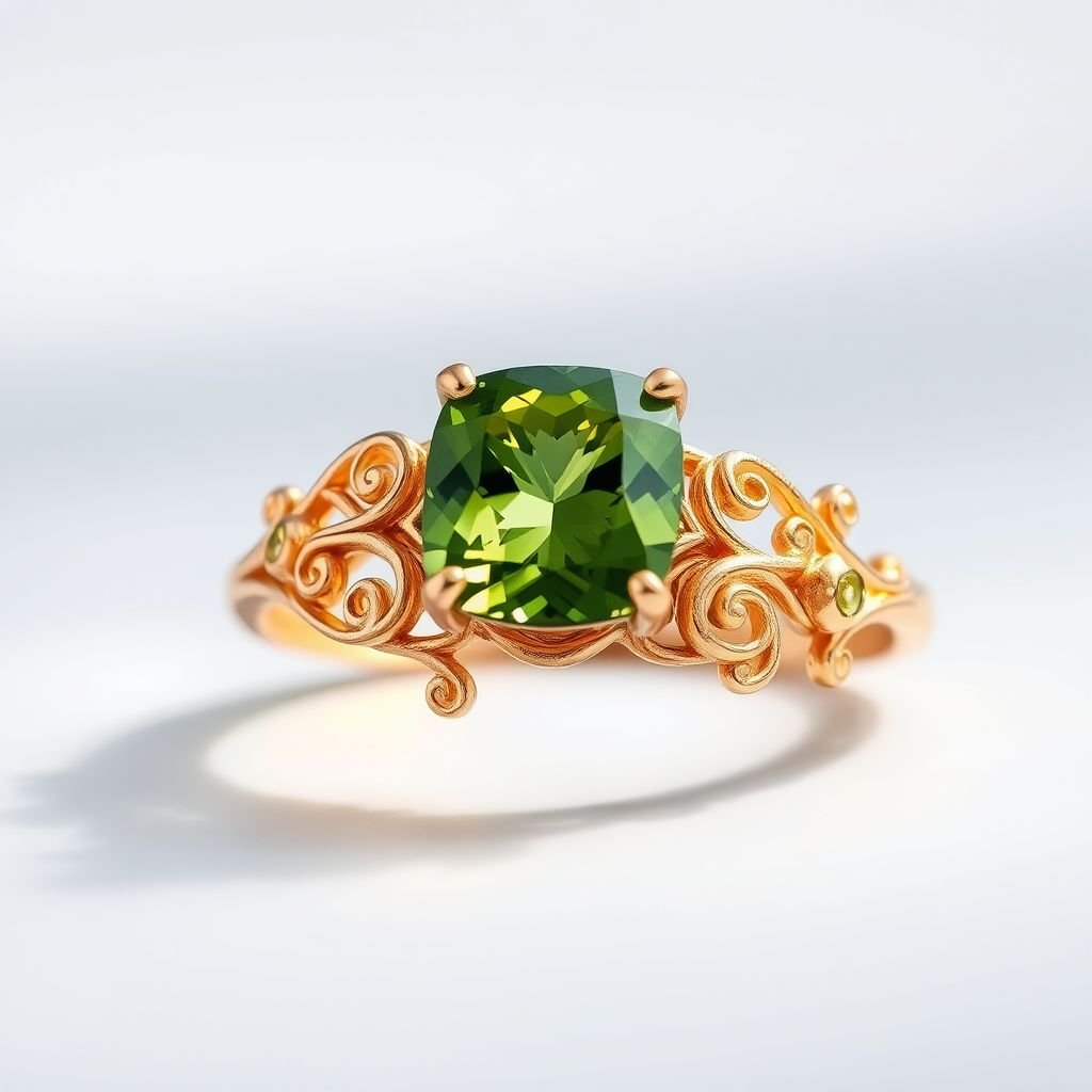 Gold thin ring with gorgeous and complicat design in middle with greenish precious mineral in the middle
Envision a delicate gold thin band featuring an intricately woven design woven with filigree swirls and floral motifs. At its heart, a stunning greenish tourmaline captures the light, radiating a vibrant aura. This elegant ring seamlessly blends vintage charm with modern sophistication, perfect for the discerning jewelry enthusiast seeking a statement piece.