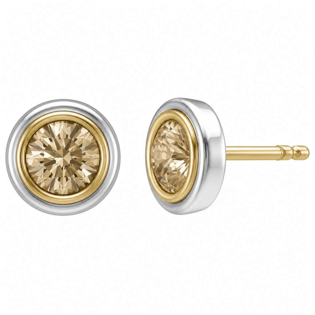 Earrings post, solitaire champagne diamonds 3.2
mm. Yellow gold around diamond, white gold border
photorealistic jewelry design, Earrings post, solitaire champagne diamonds 3.2
mm. Yellow gold around diamond, white gold border, just the design no text