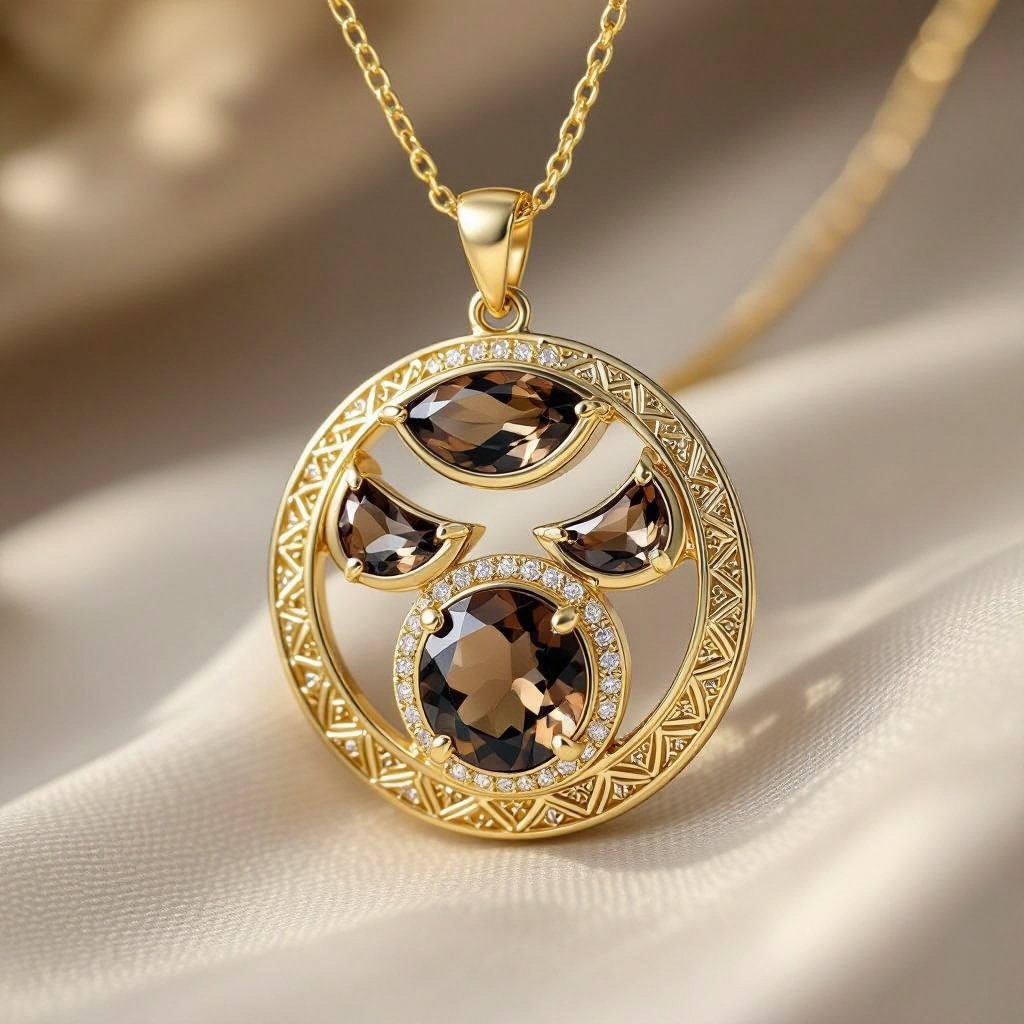  Подвеска из трех полумесяцев с узорами и камнями раухтопаза из матового неровного светлого золота с узорами соединенных цепочкой сверху самый широкий полукруг дальше средний и снизу самый маленький