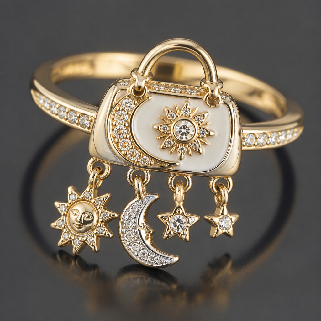 A women's ring, detailed and decorative, moderately ornate. sun moon stars purse charm with rhinestones
photorealistic jewelry design, A women's ring, detailed and decorative, moderately ornate. sun moon stars purse charm with rhinestones, modern style, just the design no text