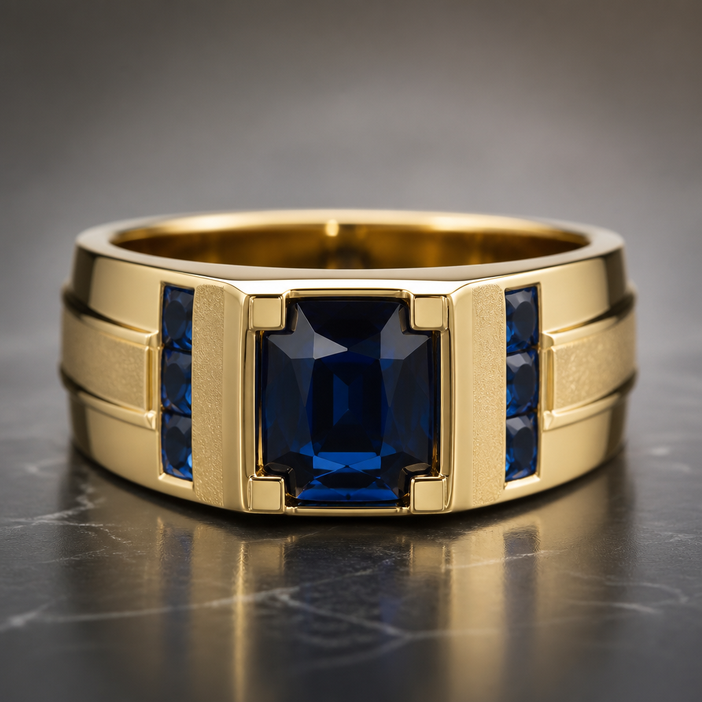 A men's ring made of gold with sapphire stones
photorealistic jewelry design, A men's ring made of gold with sapphire stones, modern style, just the design no text