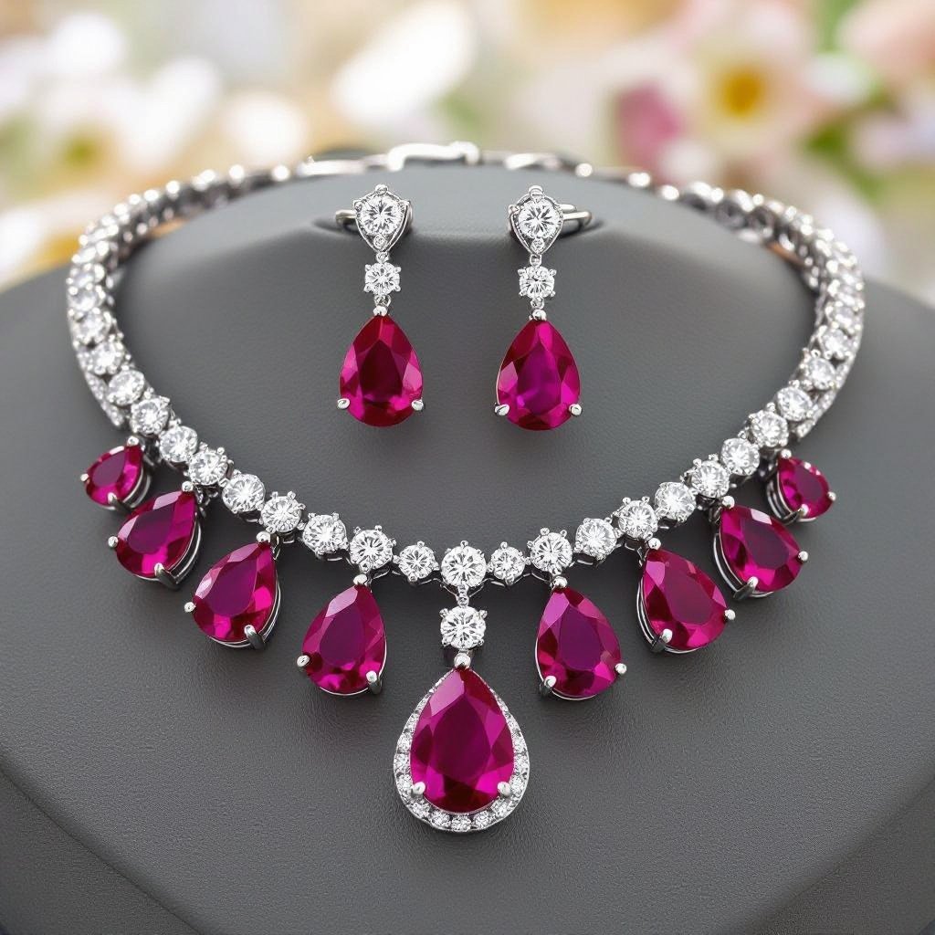 Colorful spinal luxury necklace long pear drop style and luxury earring set Platinum necklace, ruby pear drops, diamond accents, prong setting. Matching platinum earrings, ruby pear drops, diamond accents, prong setting.