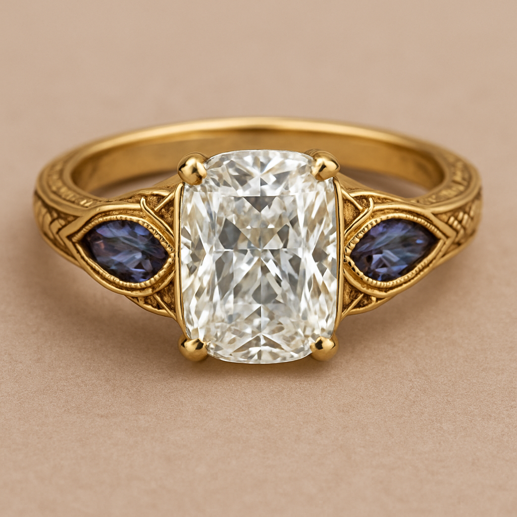 2 carat elongated cushion cut diamond engagement yellow gold ring with marquise shaped alexandrite side stones