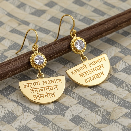 Серьги золотые в форме изогнутого изящного полумесяца, полукруг как продолжение застежки, на полукруге надписи мантрами на санскрите