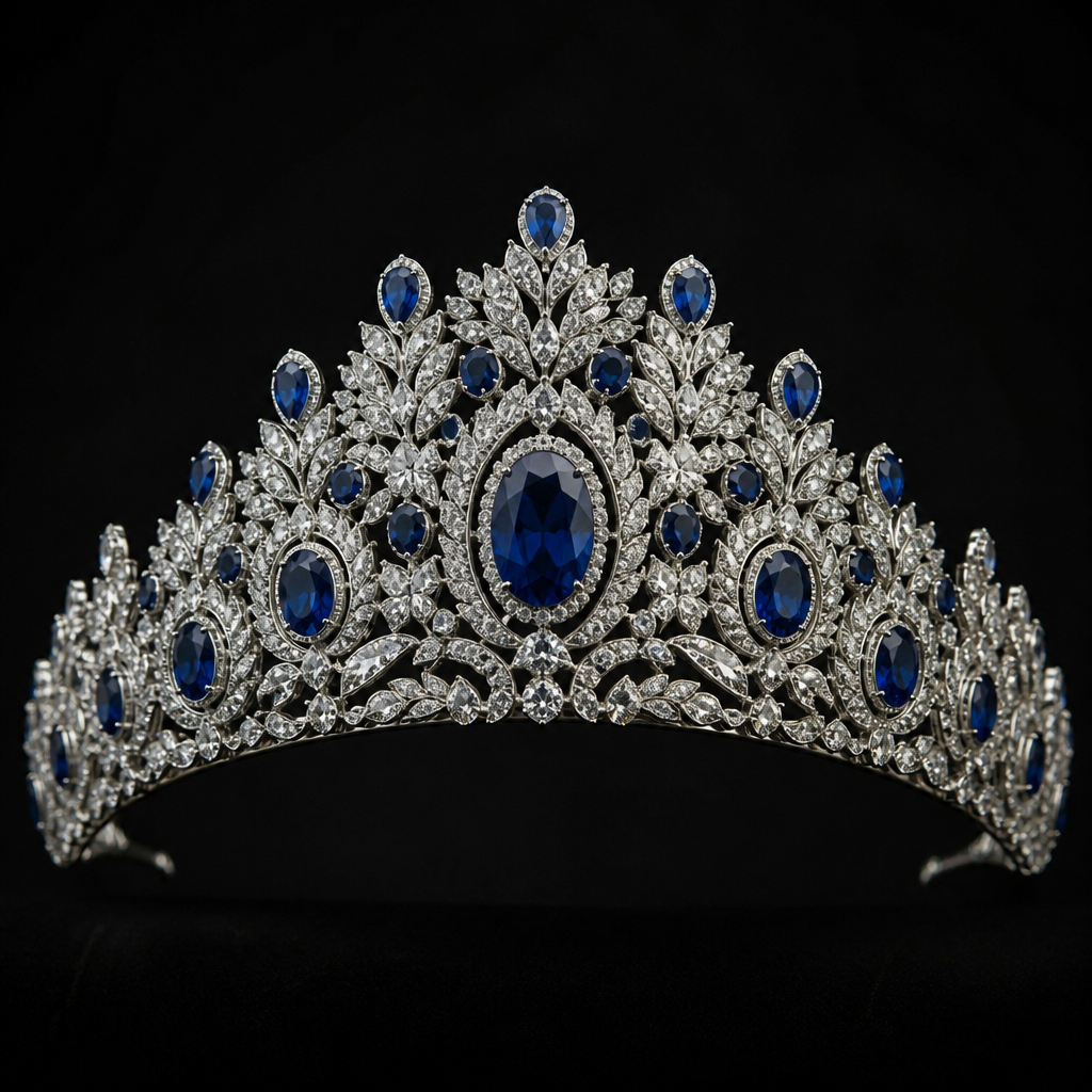 A vintage women's tiara made of silver with diamond and sapphire stones suitable for formal. Una tiara grande y poderosa, demostrando estatus, poder y riqueza cn zaffiros qué le dan un toque marino profundo
photorealistic jewelry design, A vintage women's tiara made of silver with diamond and sapphire stones suitable for formal. Una tiara grande y poderosa, demostrando estatus, poder y riqueza cn zaffiros qué le dan un toque marino profundo, vintage style, just the design no text