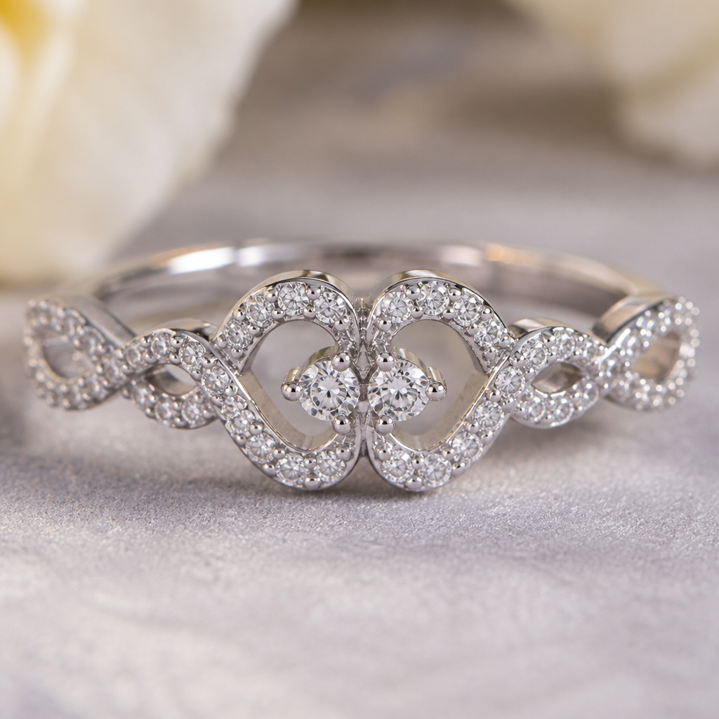 A women's ring. one of a kind custom infinite love wedding rings where two hearts meet in the center of infinite love shrouded In an array of diamonds
photorealistic jewelry design, A women's ring. one of a kind custom infinite love wedding rings where two hearts meet in the center of infinite love shrouded In an array of diamonds, modern style, just the design no text