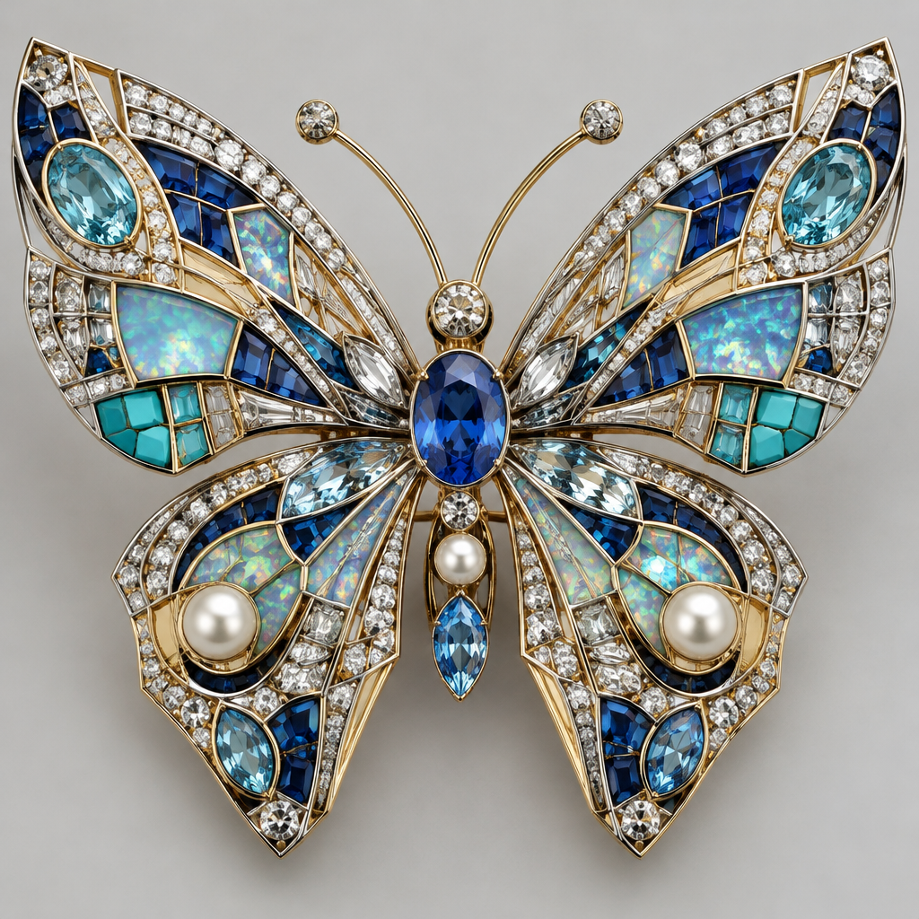 A geometric women's brooch made of mixed metal with diamond and sapphire and opal and turquoise and aquamarine and pearl and topaz stones suitable for wedding, highly ornate, intricate and elaborate, richly detailed. butterfly shaped broach
photorealistic jewelry design, A geometric women's brooch made of mixed metal with diamond and sapphire and opal and turquoise and aquamarine and pearl and topaz stones suitable for wedding, highly ornate, intricate and elaborate, richly detailed. butterfly shaped broach, geometric style, just the design no text