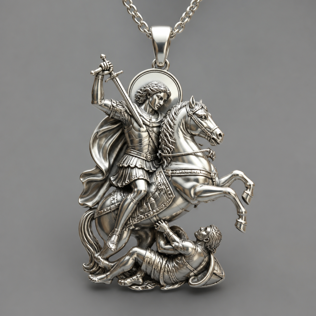A modern women's pendant made of silver suitable for daily wear. An extraordinary excellent beautiful delicate and elegant pendant with Saint Demetrios with a beautiful delicate and elegant face, with long hair, with a beautiful delicate elegant and fit body, with a beautiful delicate and elegant armour over his horse striking with his sword an unfaithful.