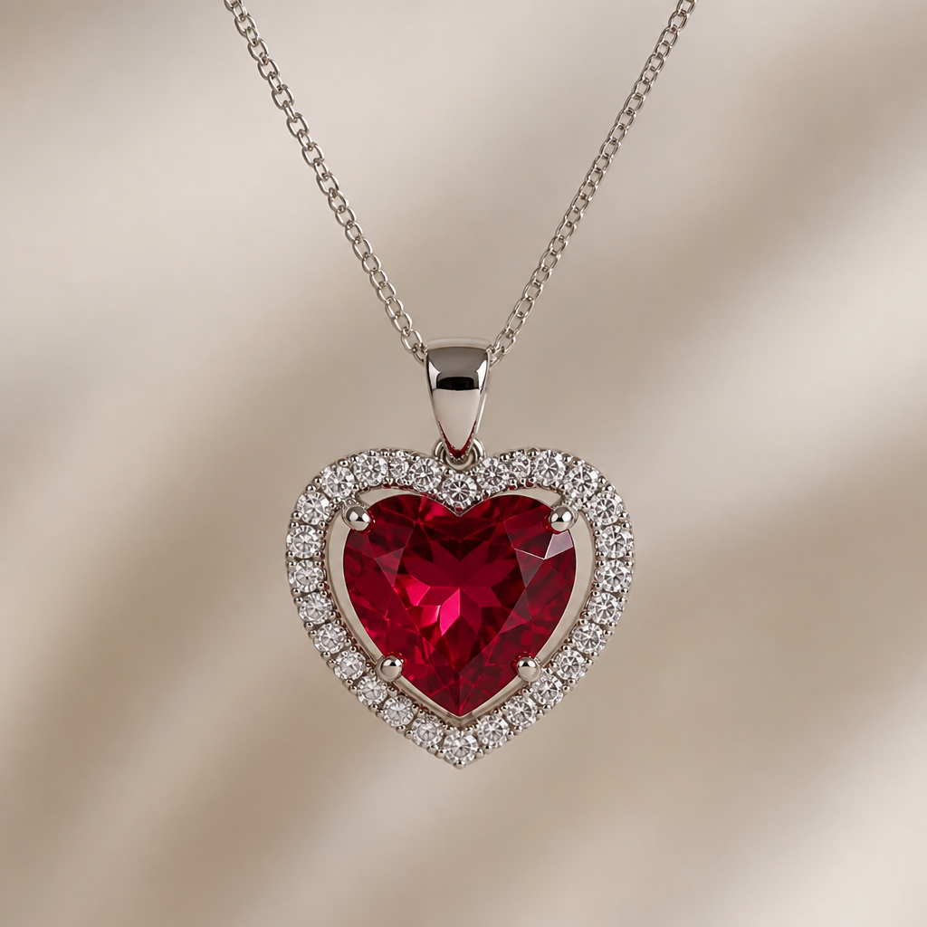 Pendent with centre piece of Heart shaped 2ct ruby with outer heart shaped distant layer of small diamonds. Suitable for university girl
photorealistic jewelry design, Pendent with centre piece of Heart shaped 2ct ruby with outer heart shaped distant layer of small diamonds. Suitable for university girl, pendant style, just the design no text