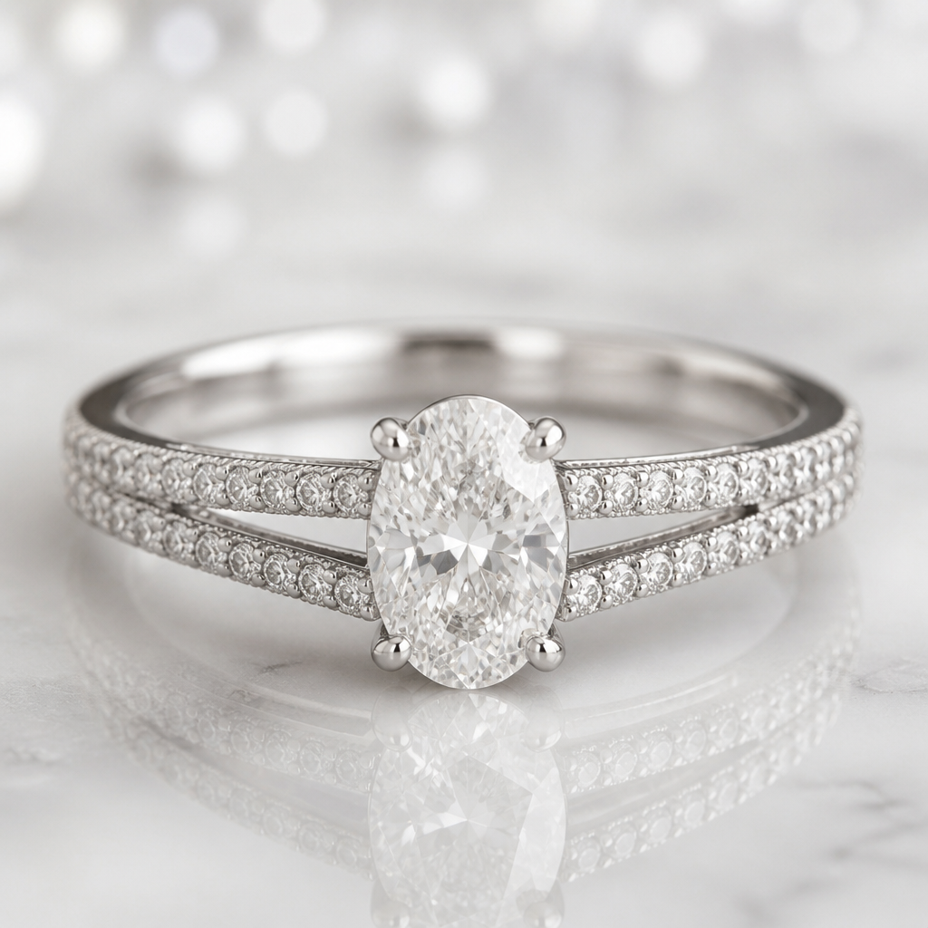 A luxury women's ring made of white gold with diamond stones suitable for wedding. A 0.70-carat oval diamond is used as the center stone.
photorealistic jewelry design, A luxury women's ring made of white gold with diamond stones suitable for wedding. A 0.70-carat oval diamond is used as the center stone., luxury style, just the design no text