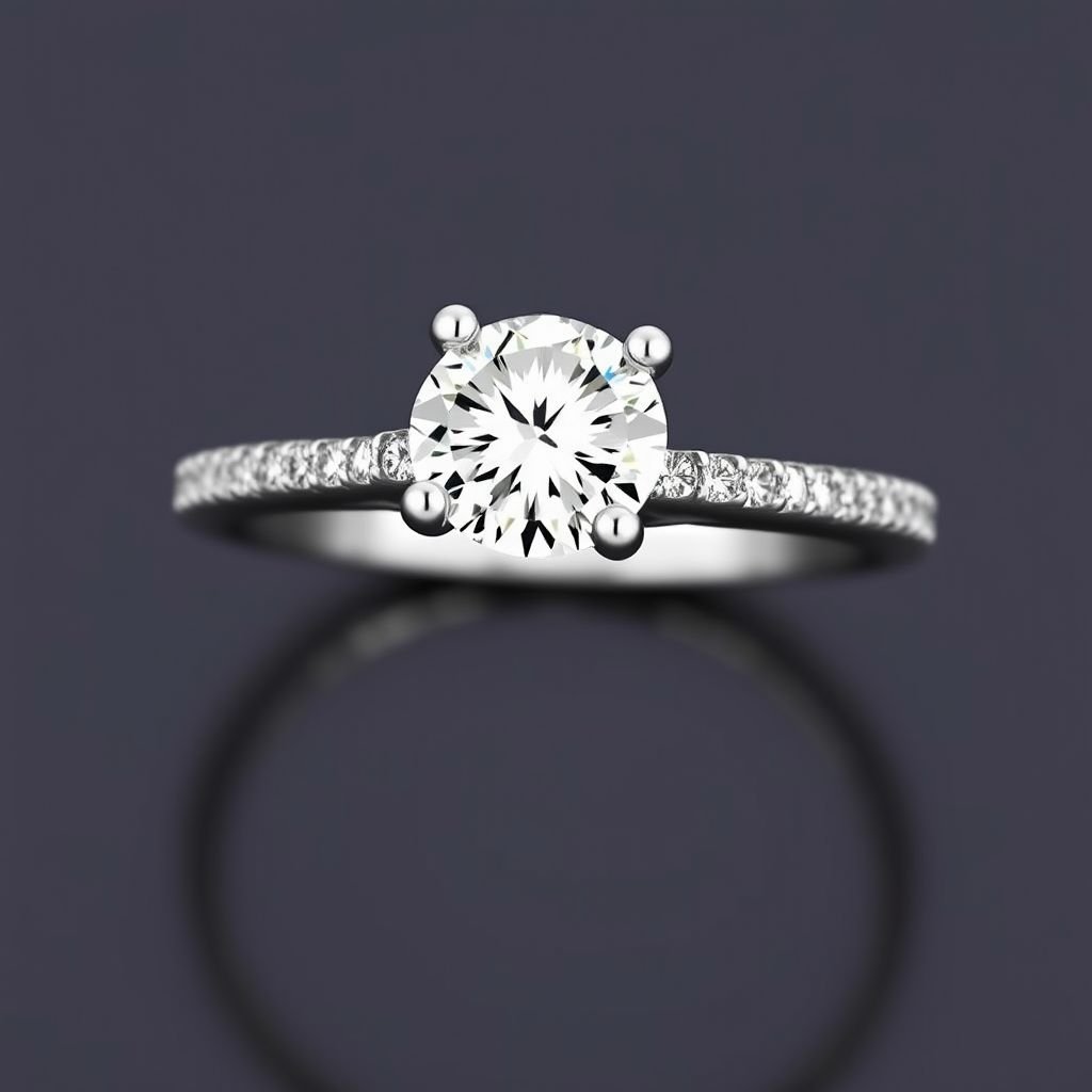 Solitaire ring with 1 carat diamond 4 held by 4 prongs and small Diamonds on the top part of the shank