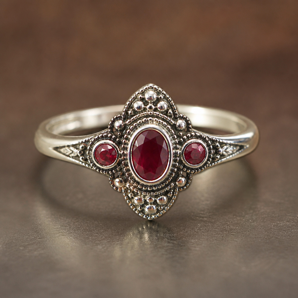 A vintage women's ring made of silver with ruby stones suitable for daily wear
photorealistic jewelry design, A vintage women's ring made of silver with ruby stones suitable for daily wear, vintage style, just the design no text