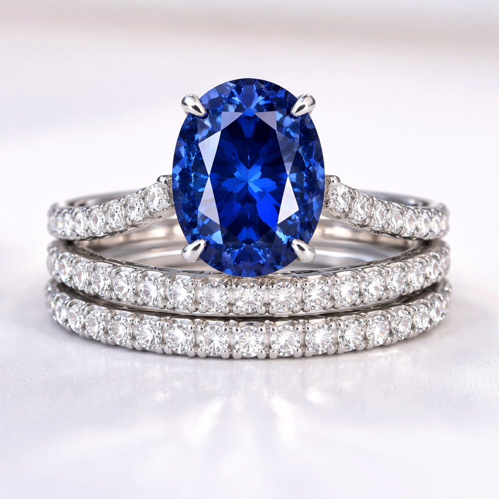 I want a 5-6 ct deep blue oval lab grown sapphire with no rail and a hidden halo I want a 6 prong the cathedral set high I want three wedding bands fussed together like a bridal set and instead of diamonds I want moissanite going down the wedding bands and I want the metal at 10k white I want to make sure the center stone is highly elevated across all three bands and standing out and I want the bands thin not thick and bulky