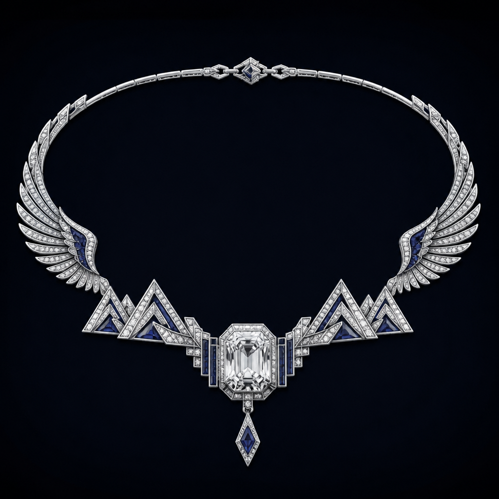 A art deco women's necklace made of silver with sapphire stones suitable for festival, detailed and decorative, moderately ornate. یه گردنبند با سنگ سفید در وسط کوه ها در کنار و در کنارکوه ها فقط بال سیمرع باشه بدون تن سیمرغ انتهای بال برسه به قفل پشت گردنبند
طرح زیاد شلوغ نباشه و مهم ترین نکته قابل ساخت باشه کوه ها ۶م مشخص باشه
photorealistic jewelry design, A art deco women's necklace made of silver with sapphire stones suitable for festival, detailed and decorative, moderately ornate. یه گردنبند با سنگ سفید در وسط کوه ها در کنار و در کنارکوه ها فقط بال سیمرع باشه بدون تن سیمرغ انتهای بال برسه به قفل پشت گردنبند
طرح زیاد شلوغ نباشه و مهم ترین نکته قابل ساخت باشه کوه ها ۶م مشخص باشه, art_deco style, just the design no text