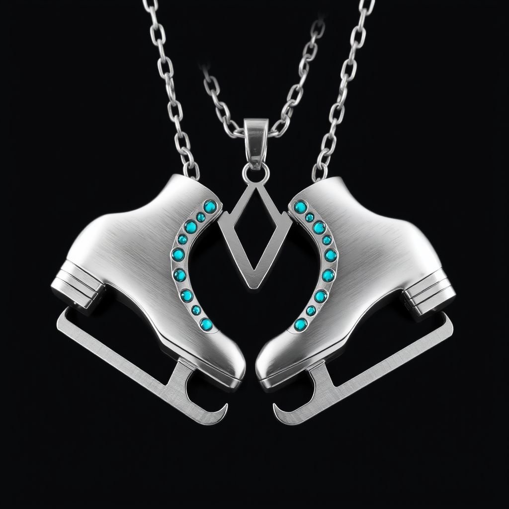 Pendant silver with stylized ice figure skating skates. Remove boots and leave only lowest part of skates. Add turquoise