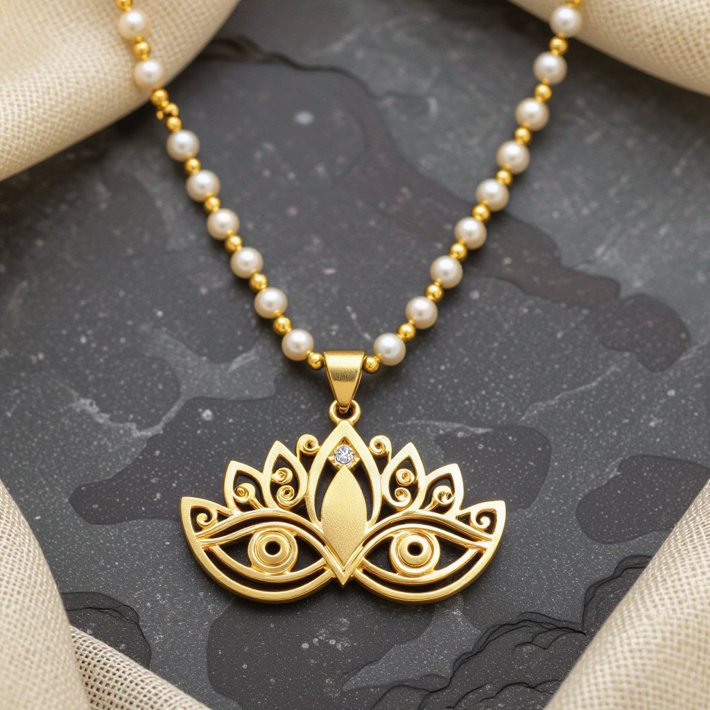 Кулон на длинной цепочке. Матовое светлое золото. В цепочке небольшие золотые шарики и жемчуг. Кулон в виде двух глаз над ними лотос узоры завитушки 