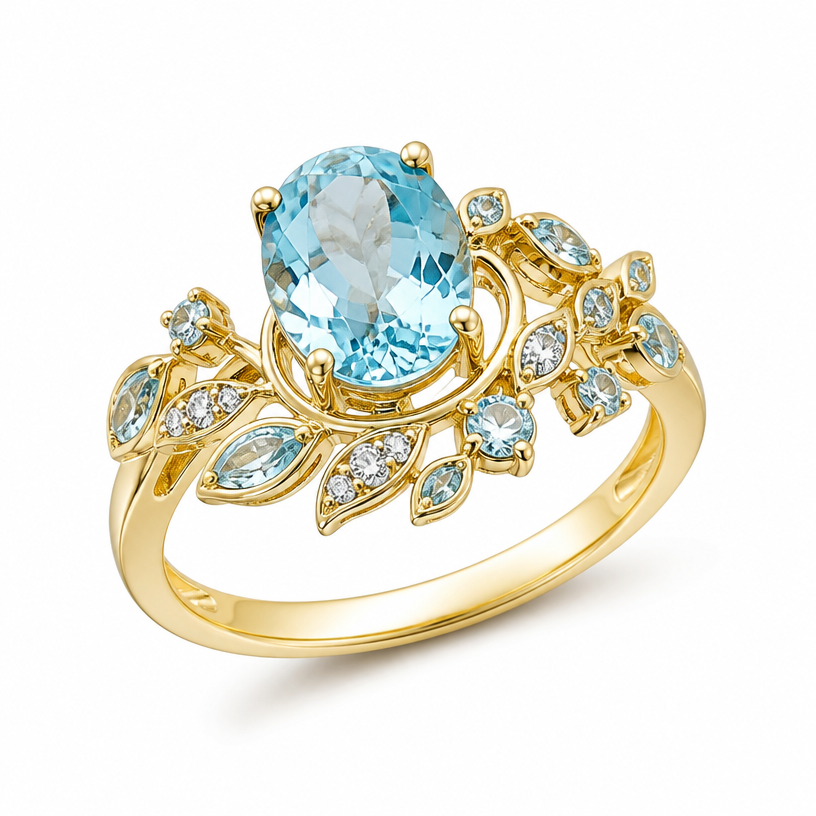 A modern women's ring made of gold with aquamarine stones suitable for gift, detailed and decorative, moderately ornate
using the attached image as a visual reference, create A modern women's ring made of gold with aquamarine stones suitable for gift, detailed and decorative, moderately ornate. photorealistic, just the design no text