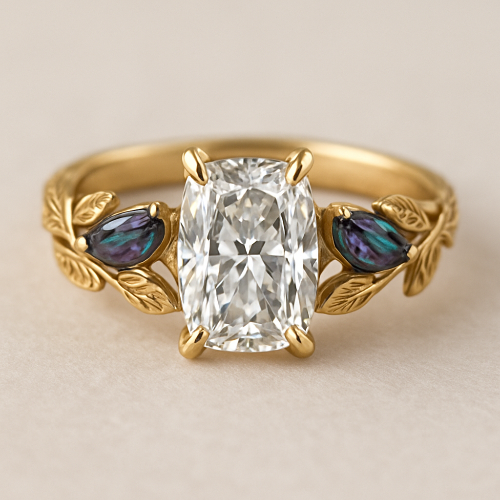 2 carat elongated cushion cut diamond engagement ring with double claw prongs in yellow gold ring with marquise shaped alexandrite side stones
