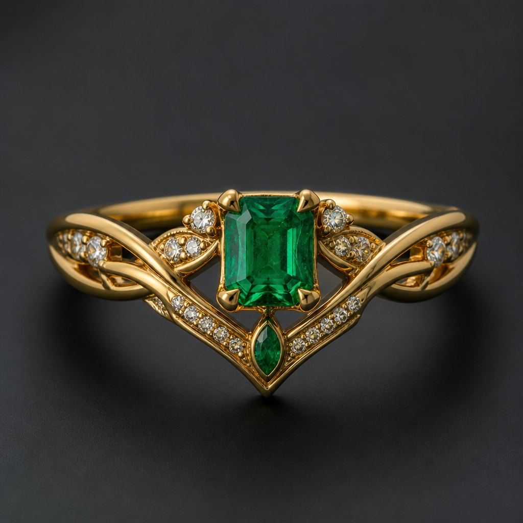 Emeralds with v shaped bands with intertwining lines
photorealistic jewelry design, Emeralds with v shaped bands with intertwining lines , vintage style, just the design no text