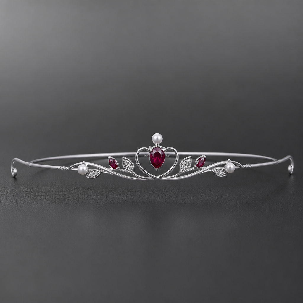 A minimalist women's tiara made of platinum with ruby and pearl stones suitable for gift
photorealistic jewelry design, A minimalist women's tiara made of platinum with ruby and pearl stones suitable for gift, minimalist style, just the design no text