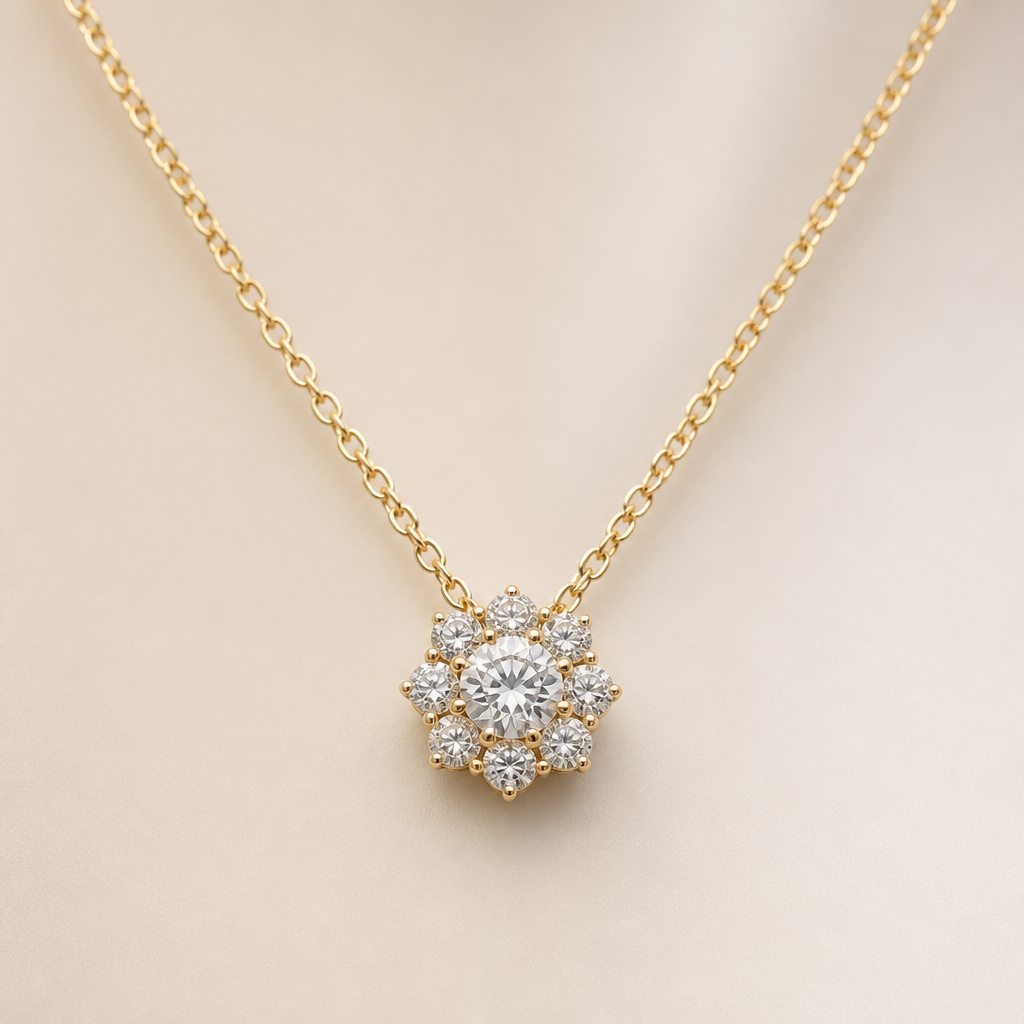 A classic women's necklace made of gold with diamond stones suitable for engagement. the first bloom
photorealistic jewelry design, A classic women's necklace made of gold with diamond stones suitable for engagement. the first bloom, classic style, just the design no text