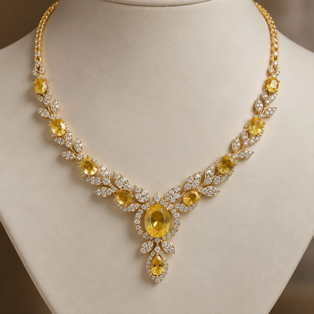 A women's necklace suitable for wedding. yellow sapphire
photorealistic jewelry design, A women's necklace suitable for wedding. yellow sapphire, modern style, just the design no text