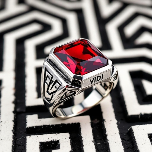Red stone, silver, college class ring for women, VDI inscribed on the decor and under the stone