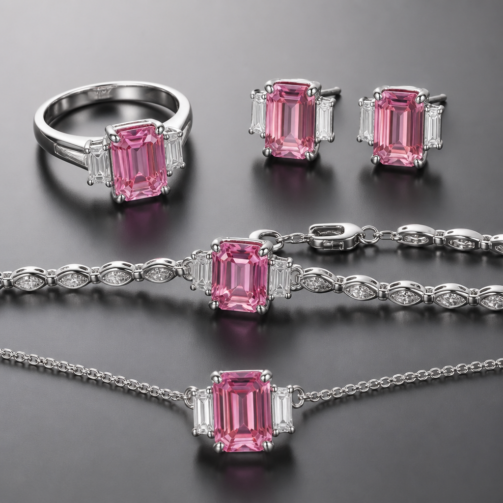 pink sapphire emerald cut with side stones in silver setting ring, bracelet, earrings and pendant
photorealistic jewelry design, pink sapphire emerald cut with side stones in silver setting ring, bracelet, earrings and pendant, just the design no text