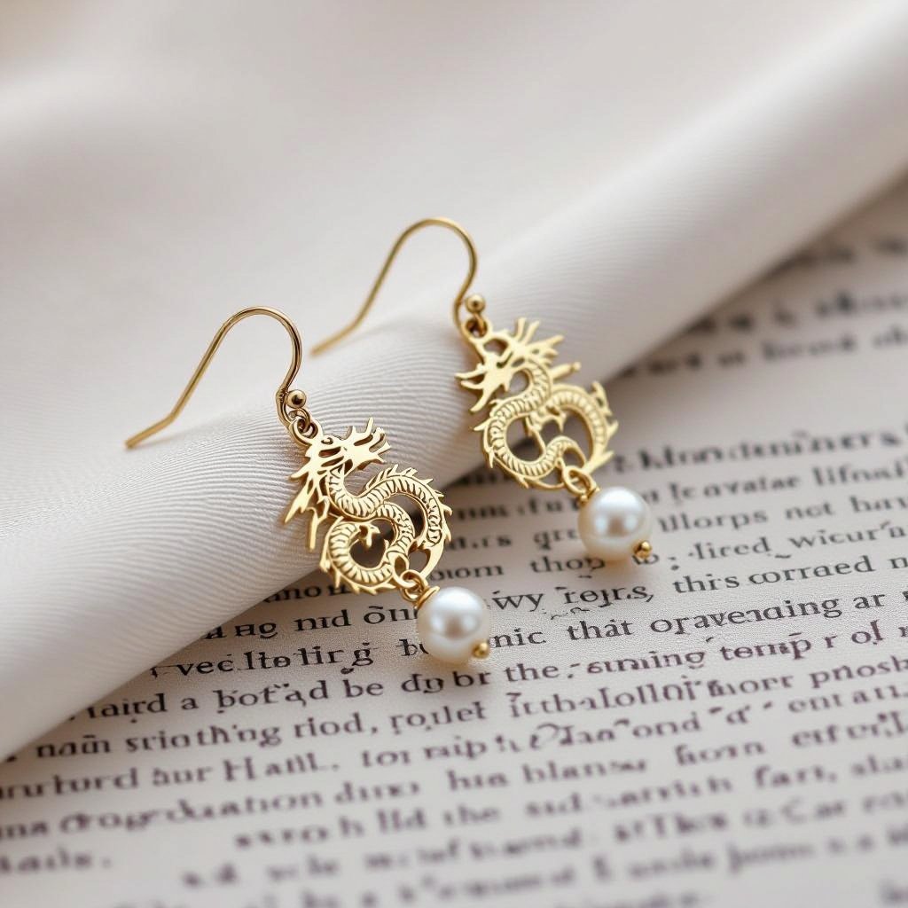 Золотые матовые серьги с изображением дракона узоры и жемчуг 