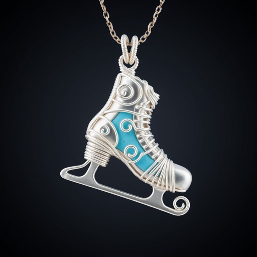 Silver Pendant shape one ice skate with turquoise stripe inside the low thin part blade