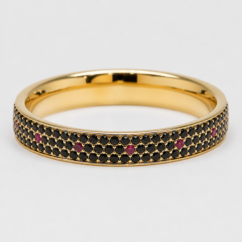 Size 7 yellow gold band with 68 tiny black diamond dots and 6 tiny red ruby dots
photorealistic jewelry design, Size 7 yellow gold band with 68 tiny black diamond dots and 6 tiny red ruby dots, just the design no text