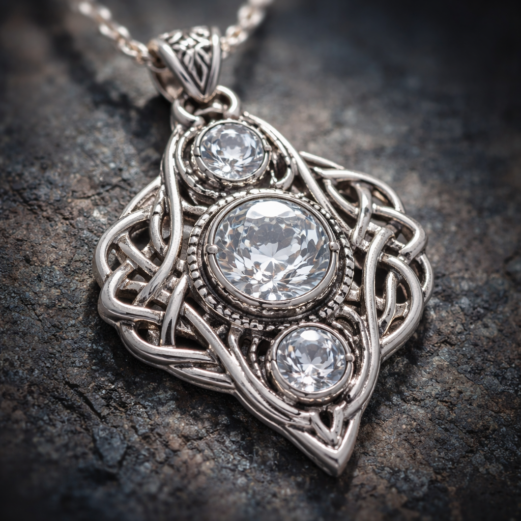 White topaz round gemstones in a silver pendant