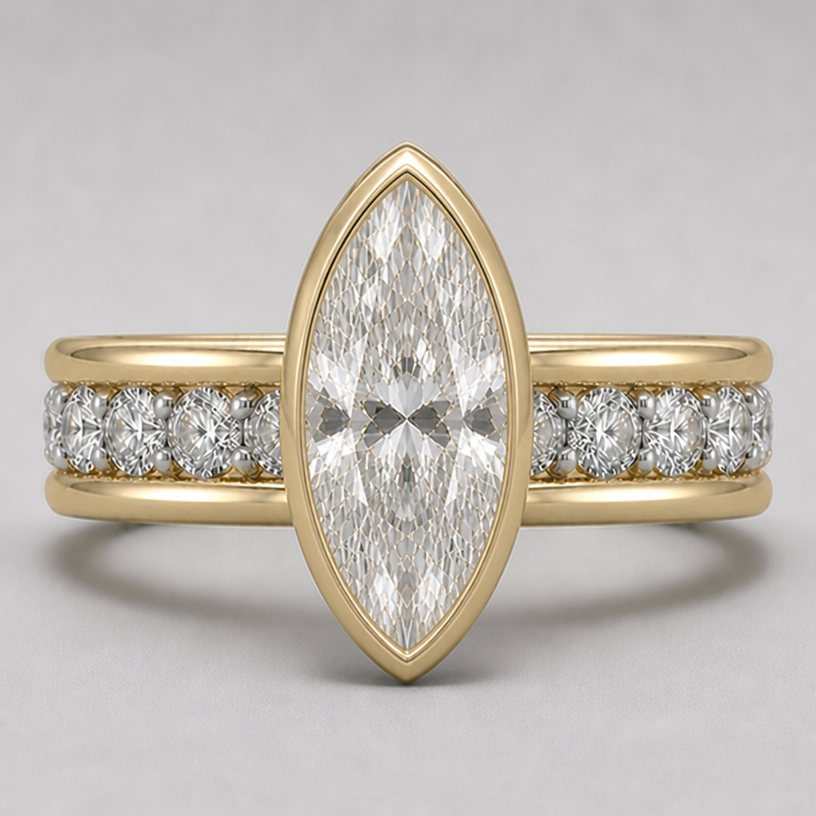 main stone is 16mm in length and 11mm in width. bezel is 2mm thick on the middle part tapering down
edit the attached jewelry design with these instructions: main stone is 16mm in length and 11mm in width. bezel is 2mm thick on the middle part tapering down. keep it photorealistic, just the design no text