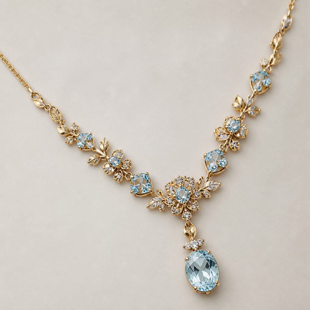 A estate women's necklace made of gold with aquamarine and diamond and topaz stones suitable for daily wear, highly ornate, intricate and elaborate, richly detailed. delciado y sencillo con pequeñas flores
photorealistic jewelry design, A estate women's necklace made of gold with aquamarine and diamond and topaz stones suitable for daily wear, highly ornate, intricate and elaborate, richly detailed. delciado y sencillo con pequeñas flores, estate style, just the design no text
