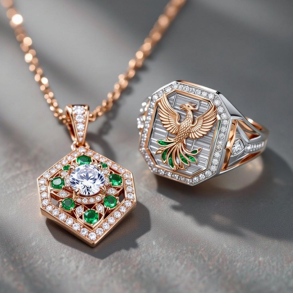 Geomatric rose gold and A platinum signet ring with phoenix printed on it for women Design a luxurious platinum signet ring that embodies the elegance of Art Deco style, featuring a striking phoenix rendered in intricate geometric patterns. Emphasize bold lines and symmetry, with contrasting finishes for depth. Adorn the ring with brilliant-cut diamonds and emeralds, capturing the spirit of rebirth and timeless sophistication.
