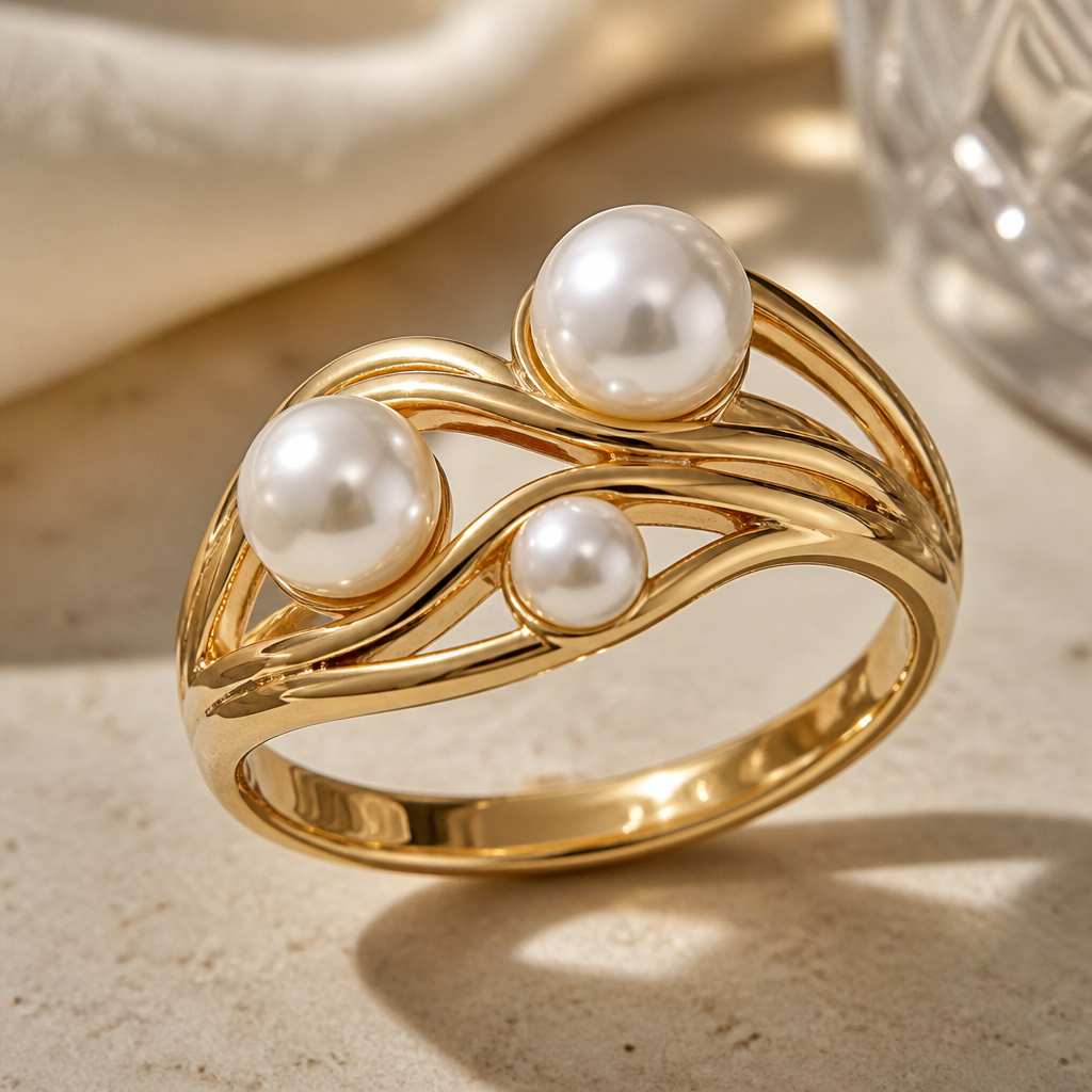 A modern women's ring with pearl stones. a delicious ring golden colour so previouse
previously
photorealistic jewelry design, A modern women's ring with pearl stones. a delicious ring golden colour so previouse
previously, modern style, just the design no text