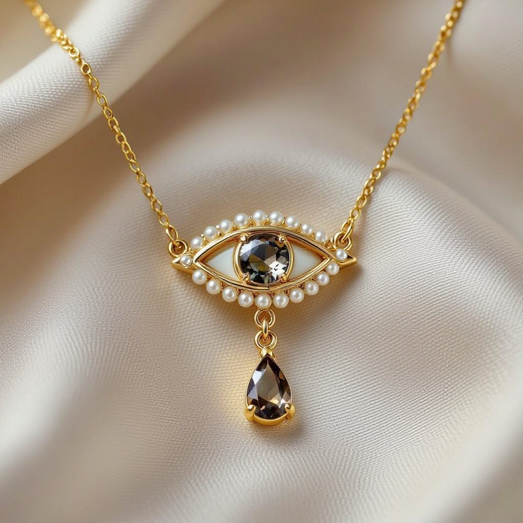 Тонкая цепочка с золотыми шариками и мелкими жемчужными камушками на цепочке есть кулон в форме глаза, зрачок глаза из раухтопаза от глаза идет маленькая подвеска с маленьким камушком 