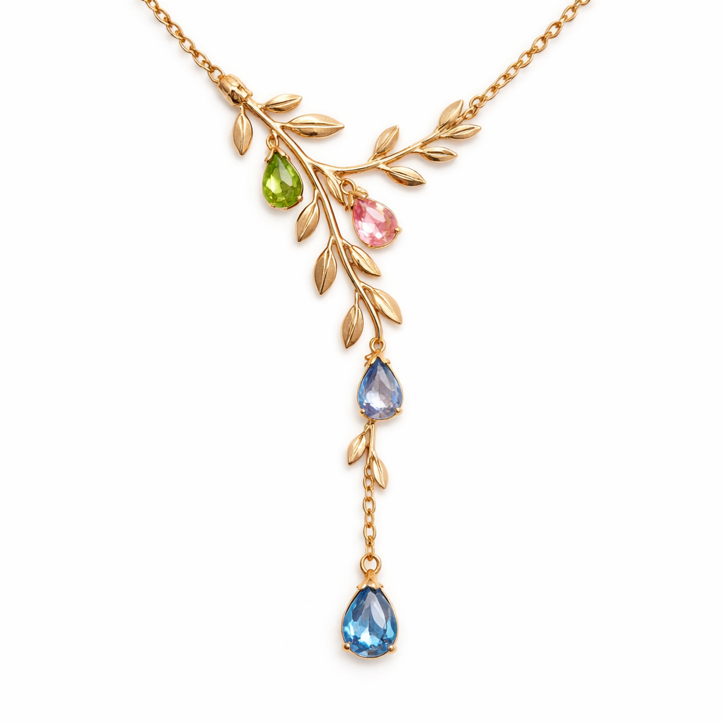 Gold chain with lariat that looks like a olive branch with vines and place peridot and pink and blue sapphire pear shaped stones throughout the vine, make lariat shorter and everything more dainty and let their be less chain and more pendant
