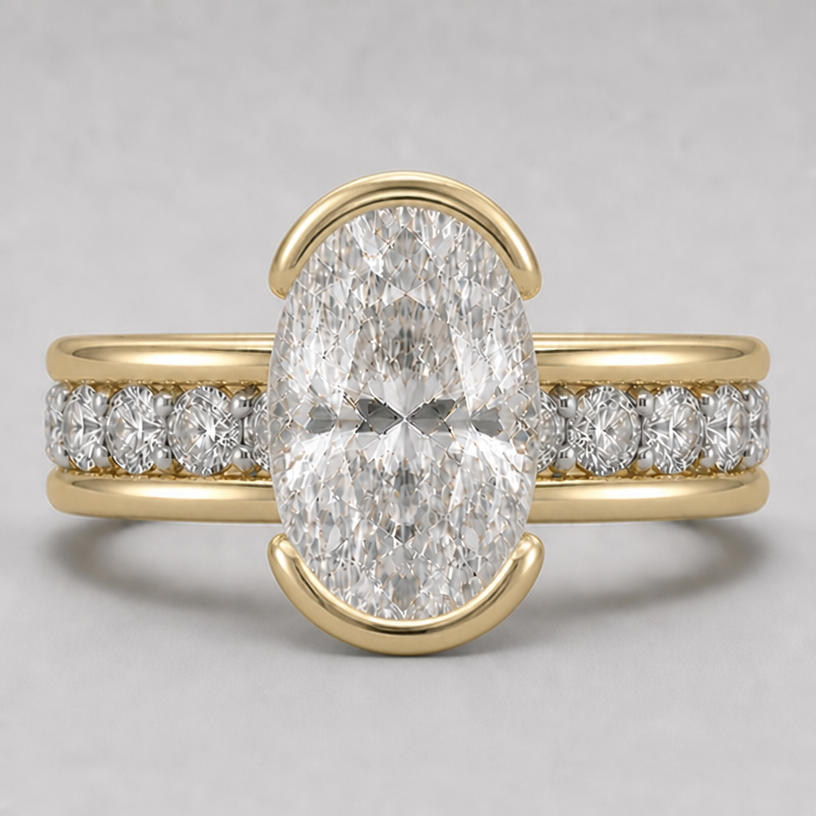 graduated thicken the bezel to 2mm wall on the south and north sides of the stone
edit the attached jewelry design with these instructions: graduated thicken the bezel to 2mm wall on the south and north sides of the stone. keep it photorealistic, just the design no text