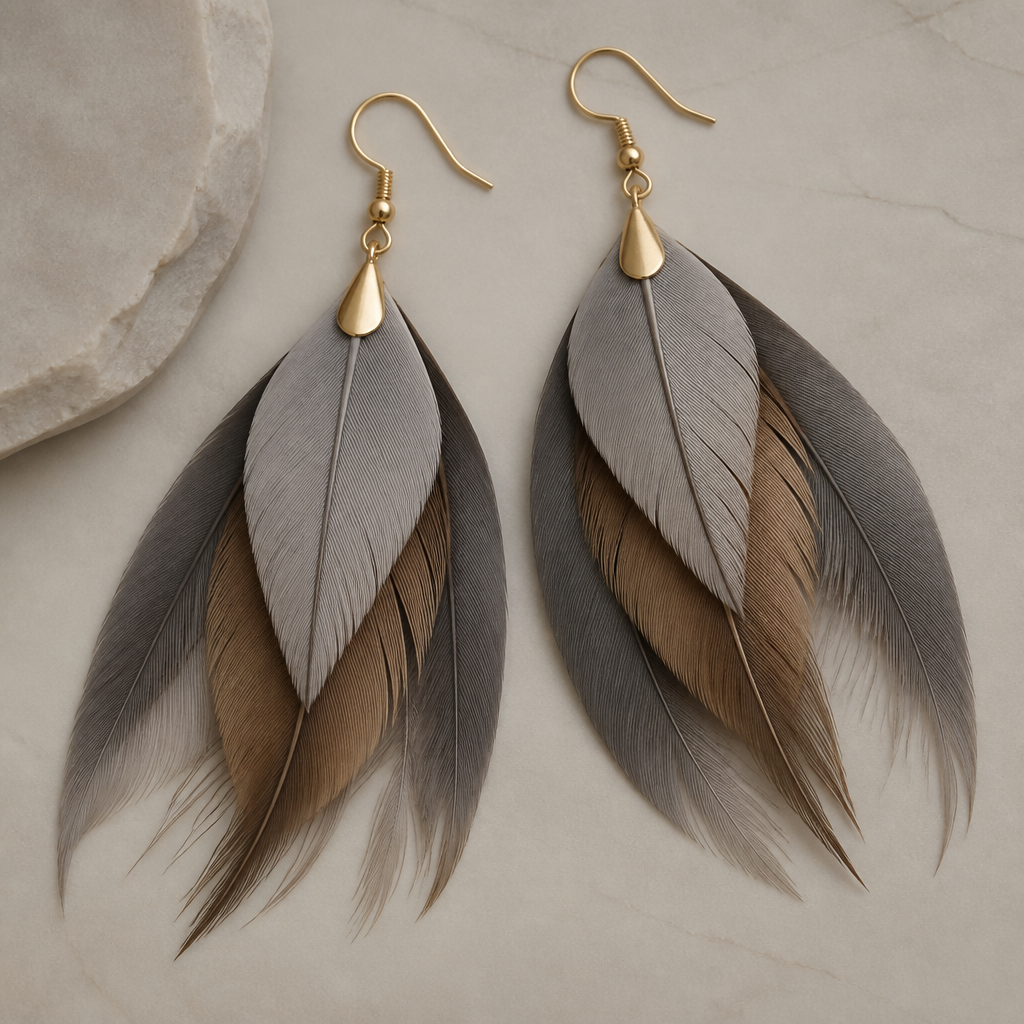 Down feather layered earrings gray and brown and
photorealistic jewelry design, Down feather layered earrings gray and brown and
, just the design no text