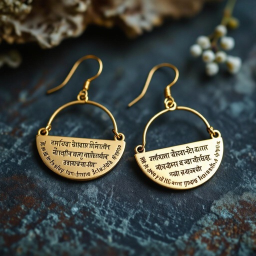 Серьги золотые в форме тонкого изящного полумесяца, полукруг как продолжение застежки, на полукруге надписи мантрами на санскрите