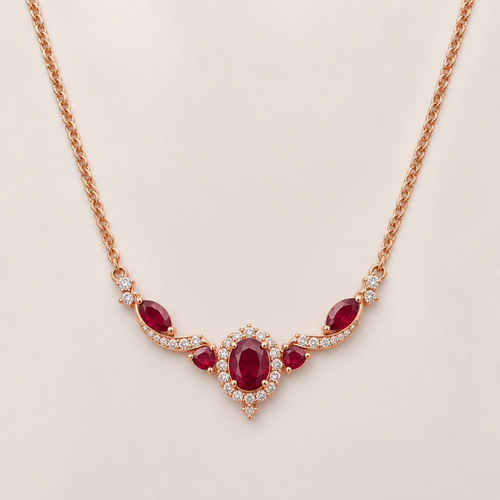 A classic women's necklace made of rose gold with ruby stones. any time wear
photorealistic jewelry design, A classic women's necklace made of rose gold with ruby stones. any time wear, classic style, just the design no text