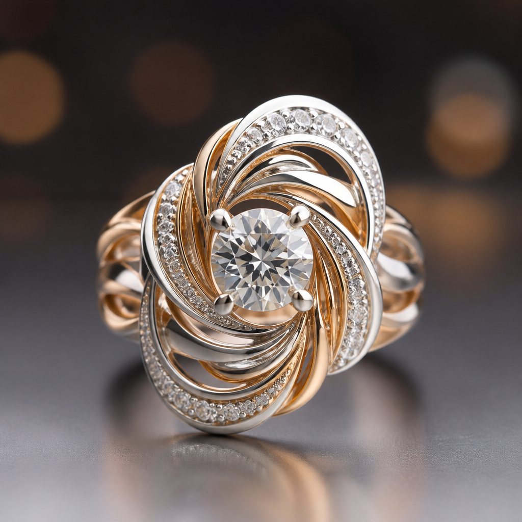A statement women's ring made of mixed metal with diamond stones suitable for festival. An extraordinary excellent beautiful delicate and elegant solitaire women ring. Face of the ring.
photorealistic jewelry design, A statement women's ring made of mixed metal with diamond stones suitable for festival. An extraordinary excellent beautiful delicate and elegant solitaire women ring. Face of the ring., statement style, just the design no text