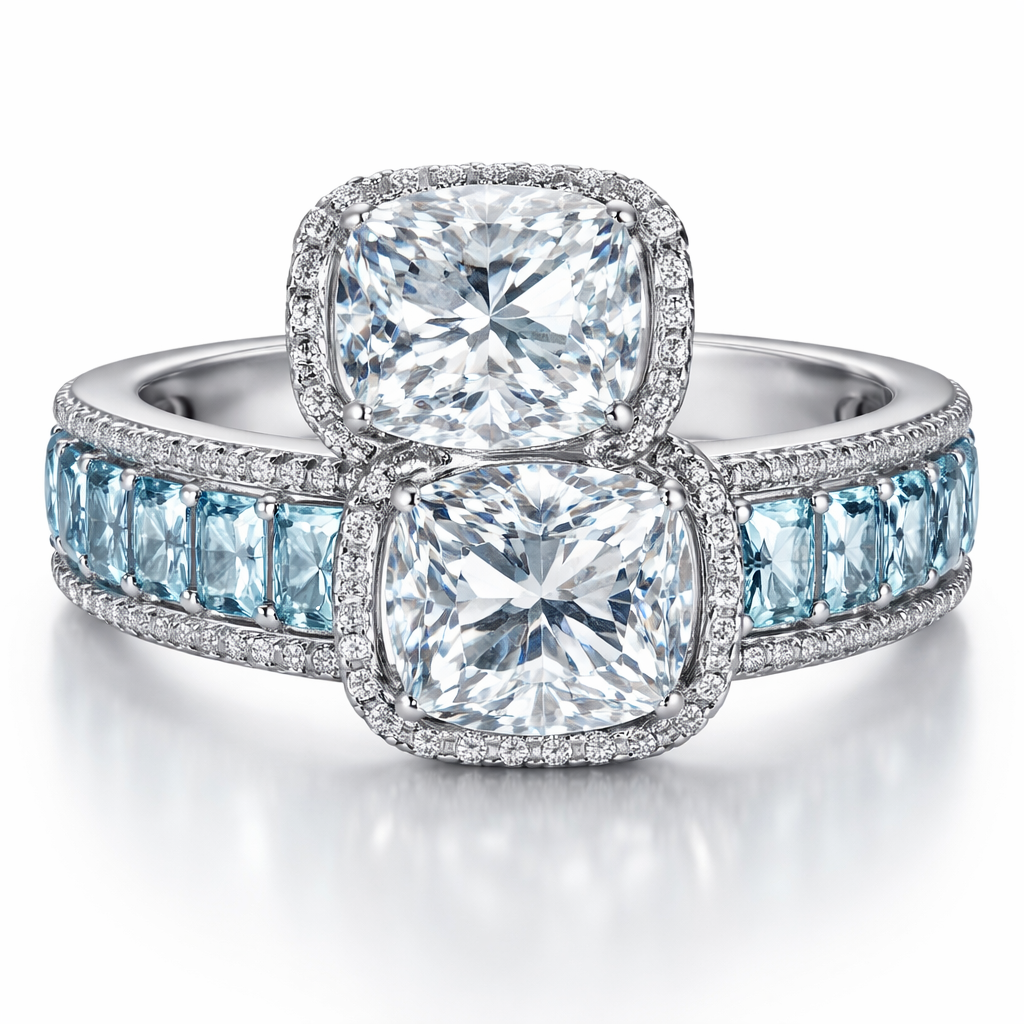 Ring with 2 cushion cut diamonds and an aquamarine band. Change the position of the diamonds
