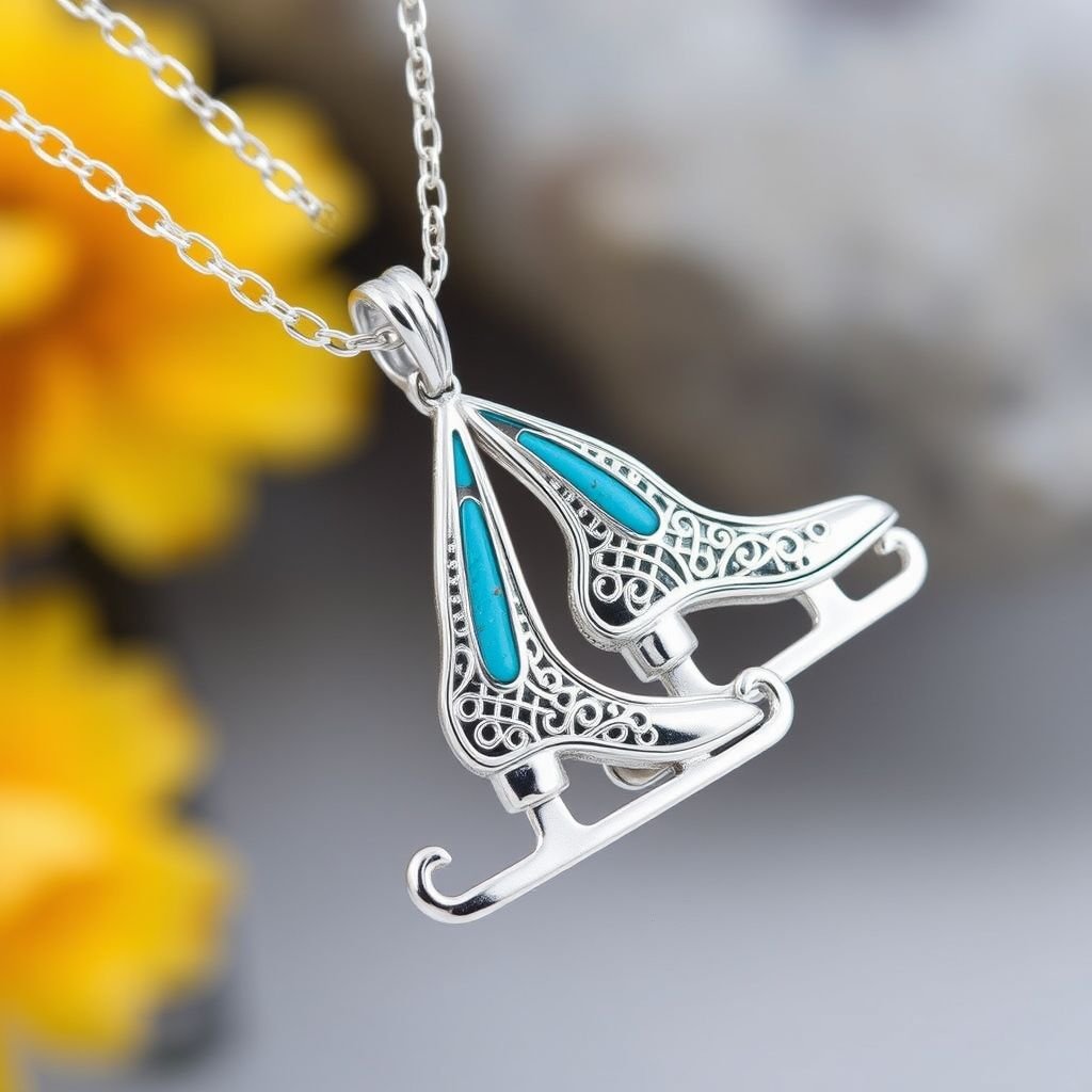 Silver pendant in the shape of turquoise figure skating blades without boots