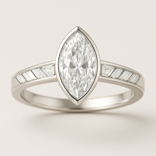 Bezel set 6 carat marquise diamond center stone with baguette diamonds in a herringbone pattern in the band