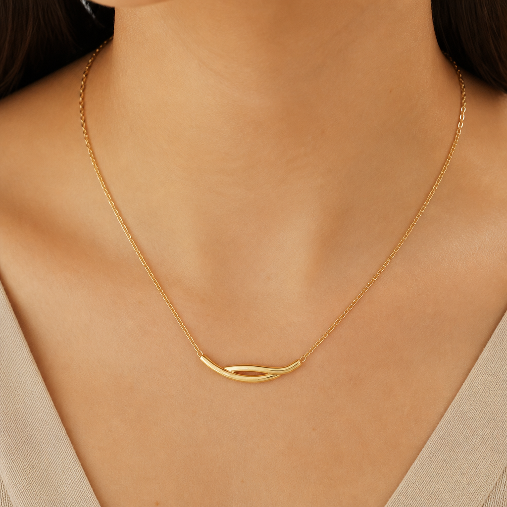 A women's necklace made of gold suitable for daily wear
photorealistic jewelry design, A women's necklace made of gold suitable for daily wear, modern style, just the design no text