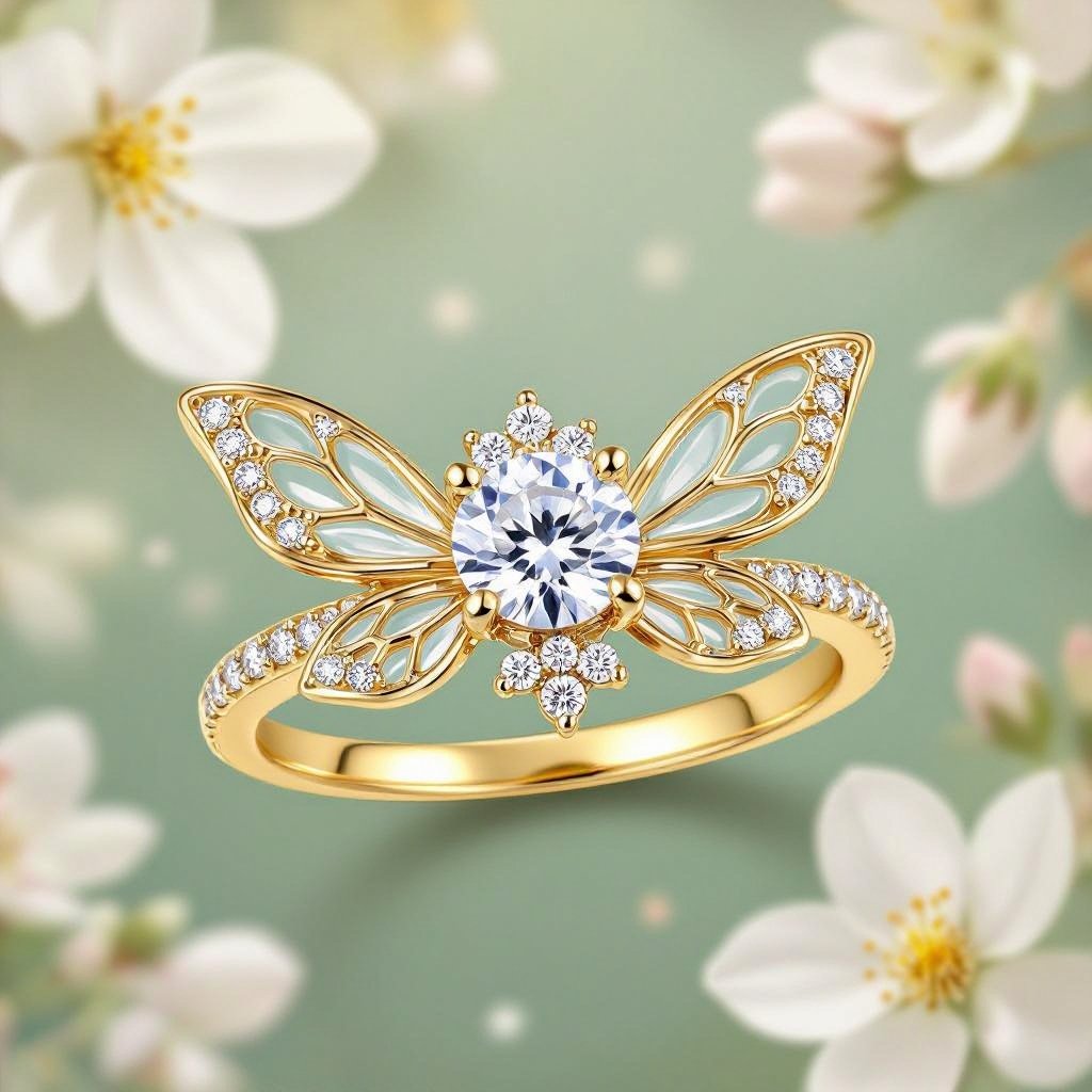 fairytale gold and diamond ring with fairy wings diamond in the middle and flowers 